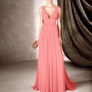 Pronovias Cisne SHB.Pink V Neck Chiffon Long Formal Evening Gown Party Dress